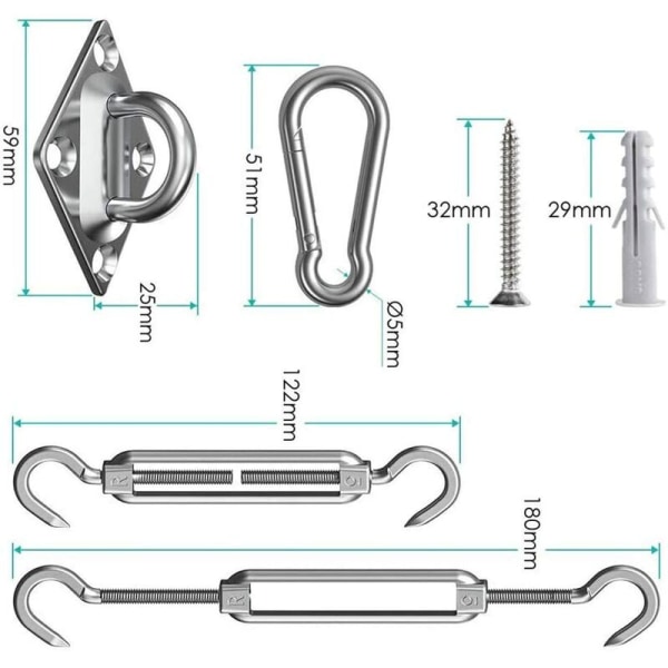 Shade Sail Installation Kit shirylzee Installasjonssett i 44 deler i rustfritt stål
