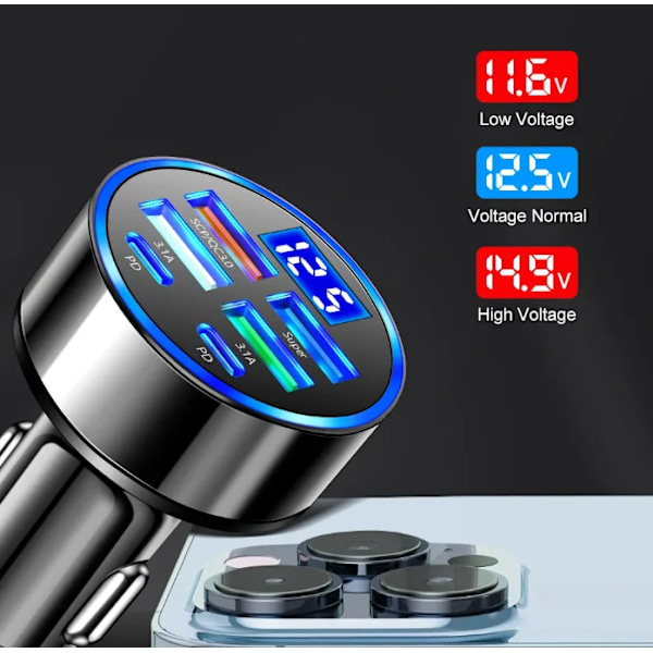 Jumon Billaddare 100W Stöd för Supersnabb Laddning 6 i 1 Multi-Port Bil Digital Display Mobiltelefon Billaddare EU blue