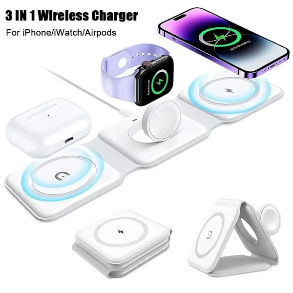 3 i 1 Vikbar Magnetisk Trådlös Laddare 15W Vikbart Snabbladdningsställ Mobiltelefonstöd Bärbar Vikbar Trådlös Laddare White General