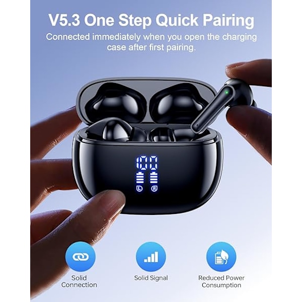 HONGDE Trådlösa Hörlurar Bluetooth, Lång Speltid, LED Strömdisplay, IP7 In-Ear Hörlurar med Mikrofon för iPhone Android white