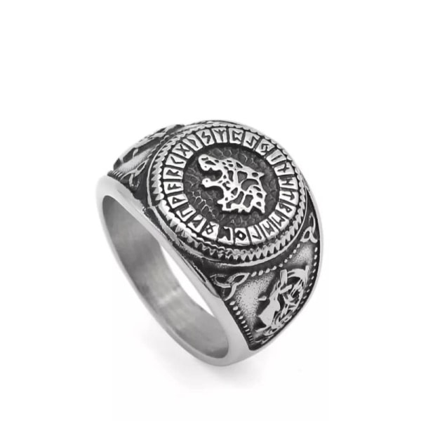 Ring med ulv og rustfritt rune-symbol - 5 størrelser - Vikinger Valknut