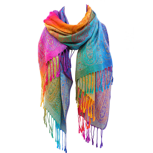 Womens Bohemian Jacquard Tassel Shawl - Rainbow Gradient, Satin Paisley, Warm & Windproof