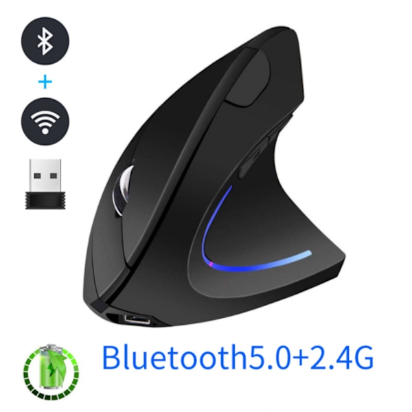 Trådløs vertikal mus (Bluetooth 5.0+2.4G), oppladbar og stille