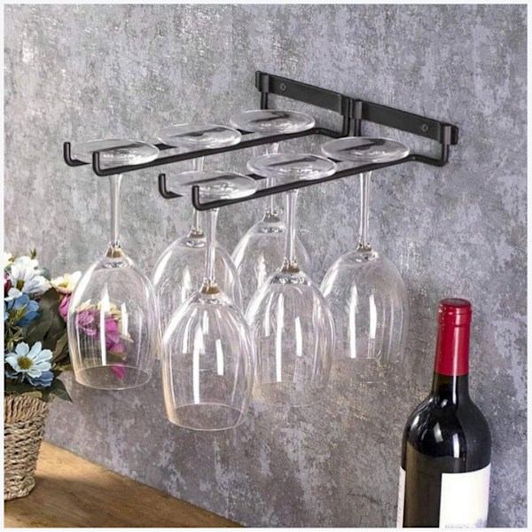 Vinglasställ, 2 st Stemware glashållare med skruvar, hängande slitstark metall Vinglasställ Passar 4 glas för kök, bar, restaurang, svart