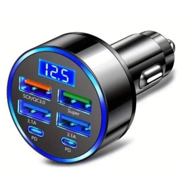 Jumon Billaddare 100W Stöd för Supersnabb Laddning 6 i 1 Multi-Port Bil Digital Display Mobiltelefon Billaddare EU blue