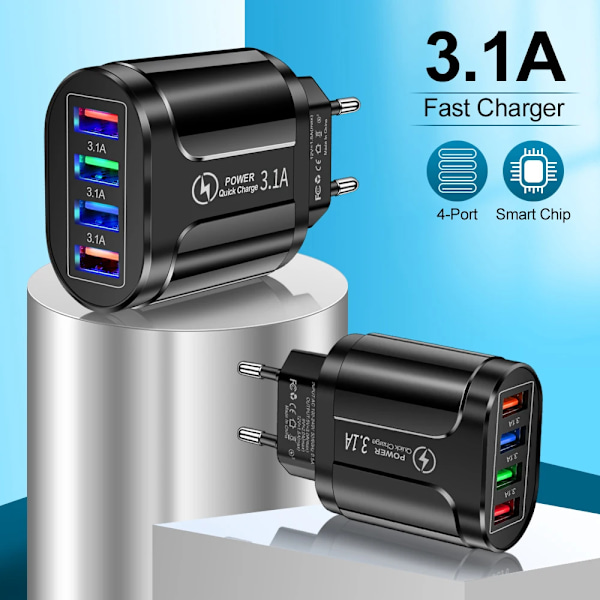 3.1A 4 Port USB Reiselader Hurtiglading QC 3.0 Vegglader for iPhone 14 13 Samsung Xiaomi Mobil EU Plugg Ladeadapter