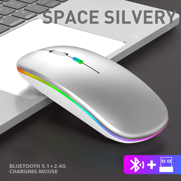 Uppladdningsbar Bluetooth -mus 5.1+2.4G trådlös Slim/Tyst-vit