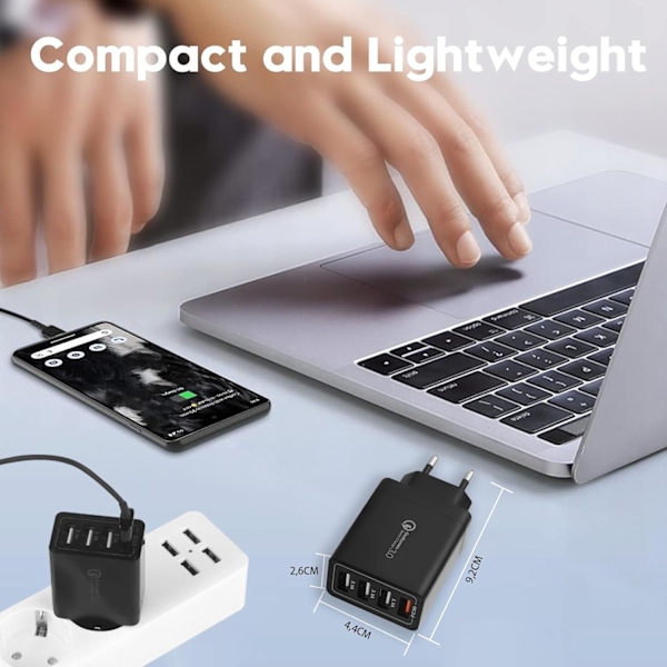 2-pack USB-laddare, 4-portars USB-laddningsadapter med 33W Smart QC 3.0 snabbladdare, Multi-port strömförsörjning för iPhone, Samsung black 2 pack
