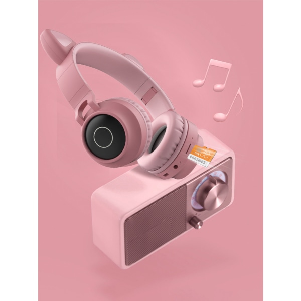 Bluetooth-headset med kattøra, spelheadset Purple Pink