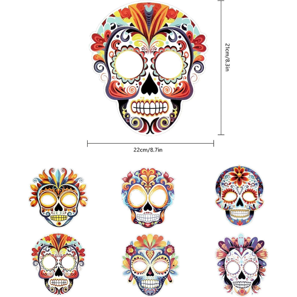 CHEERYMAGIC Day of The Dead Pappersmask, 6 st Halloween Paper Skull Mask Maskerad Festmask Mexikansk dekormask