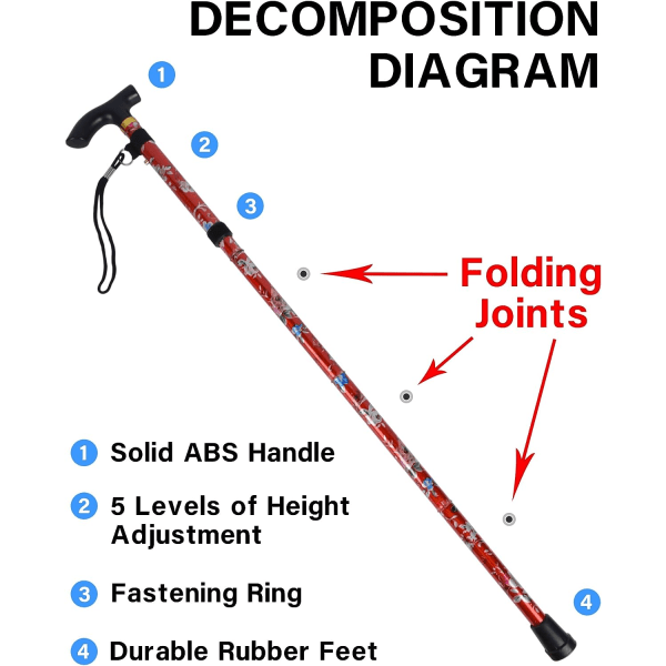 Röd - 1 hopfällbar käpp, blommig aluminium promenadkäpp