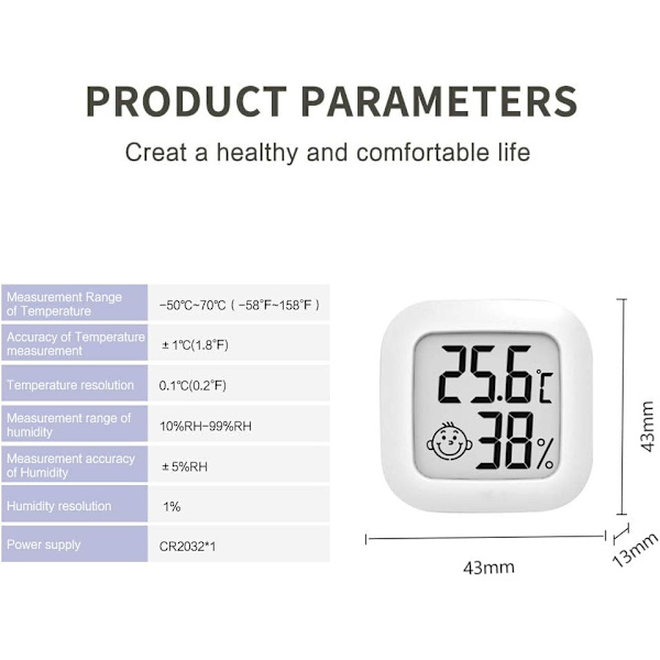 4,5 cm hvit termometer hygrometer, digital LCD-skjerm bærbar