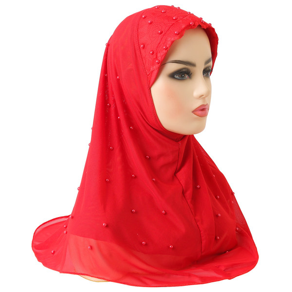 Chiffong Muslim Hijab Hijab Dubbel Mesh Beaded Hijab-röd