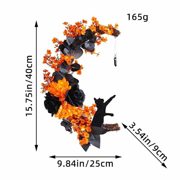 Halloween Månekatt Krans Girlande til Hoveddør med Lys, Sort Gren Halloween Krans Skilte til Hoveddør