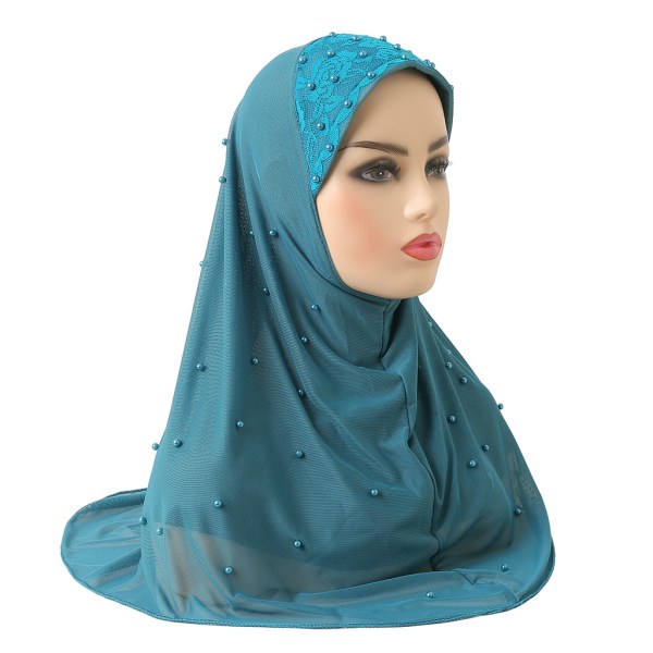 Chiffon Muslim Hijab Hijab Dobbelt Mesh Beaded Hijab-påfugl blå