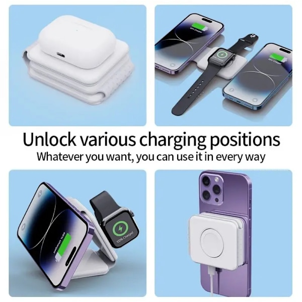 3 i 1 Vikbar Magnetisk Trådlös Laddare 15W Vikbart Snabbladdningsställ Mobiltelefonstöd Bärbar Vikbar Trådlös Laddare White General