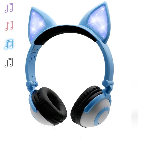 Barnehodetelefoner med bedårende LED-blinkende katteører blå
