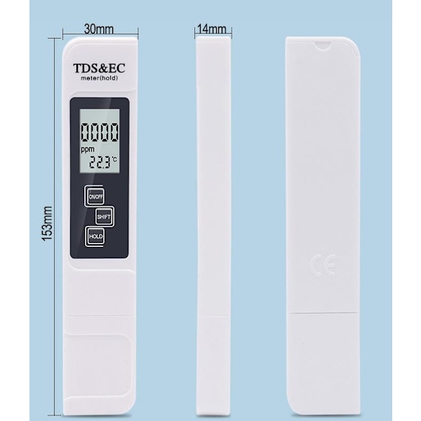 Digital testare 3 i 1 TDS-mätare EC och temperatur med display white