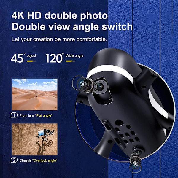 Mini-drönare, 4K HD vidvinkel Quadcopter positioneringskamera, svart
