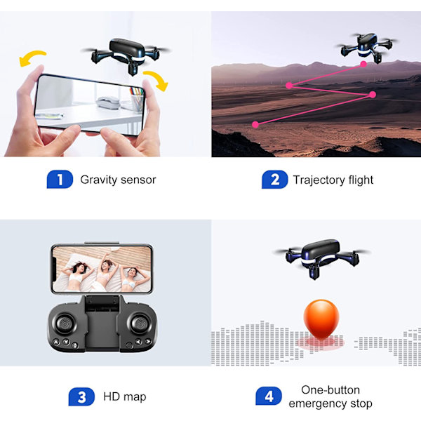 Mini-drönare, 4K HD vidvinkel Quadcopter positioneringskamera, svart