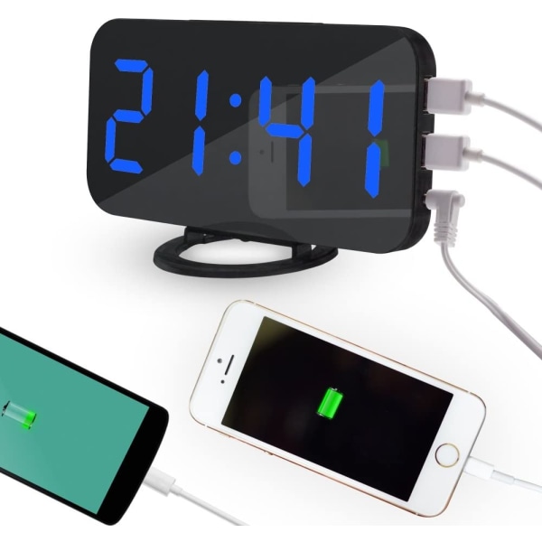 Klocka med spegel, dimbar väckarklocka, USB-port, blå