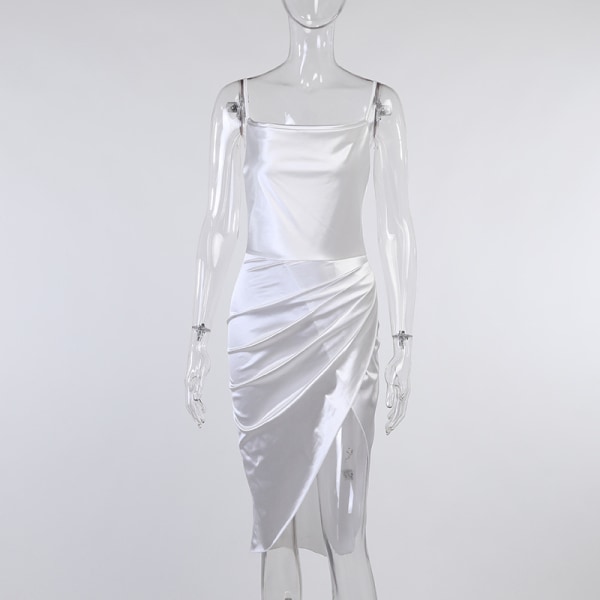 Ärmlös bröllopsklänning i satin för kvinnor (vit, L)