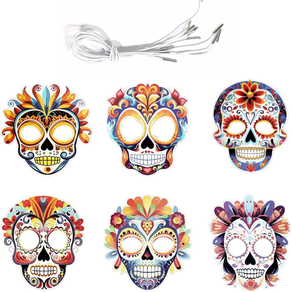CHEERYMAGIC Day of The Dead Pappersmask, 6 st Halloween Paper Skull Mask Maskerad Festmask Mexikansk dekormask