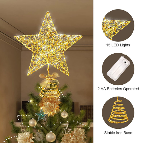 Gyllen juletre stjernelys på toppen av juletreet stjernelinje, det er 20 LED-lys på toppen av juletreet