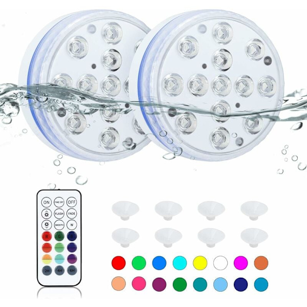 Undervands LED-lys fjernbetjening, 16 farver (pakke med 2)