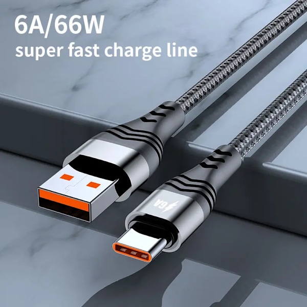 2025 Ny 6A Typ C Snabbladdande USB-kabel Nylonflätad Mobiltelefonladdarkabel Samsung Huawei Datakabel black 1 meter