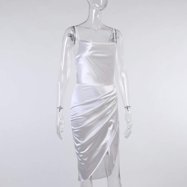 Ermeløs sateng gjestefestkjole for kvinner (hvit, XL)
