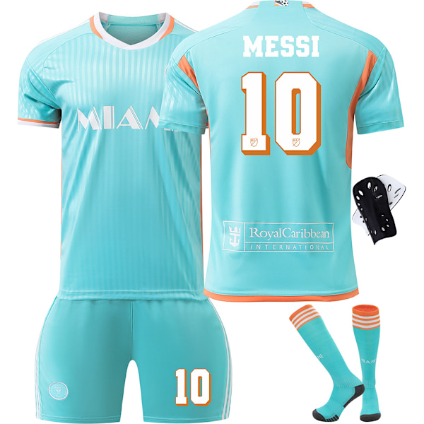 2024-2025 Miami 2:a Bortaställ Grön Fotbollströja Nr 10 Messi Major League Barn Vuxen Träningsdräkt Set{HONGDE} No. 10 socks + protective gear #twenty four