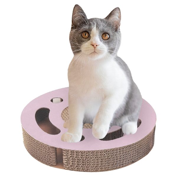 Kattklösbräda leksak 3 i 1 interaktiv förtjockad rund korrugerad kattunge-skrapleksak med Bell Ball Rosa