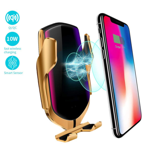 Metallisk Mobilholder Bil Trådløs Lader QI 10W Rask Lader Billader med Automatisk Klemmesensor sølv