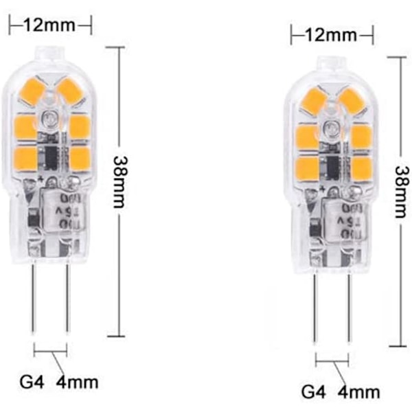 10 x G4 LED-lampa, varmvit, 2W, 12V, G4 LED-lampa, 6000K, 360°, 12V, AC/DC LED-lampa, flimmerfri, icke-justerbar, stiftuttag