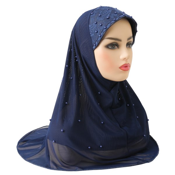 Chiffong Muslim Hijab Hijab Double Mesh Beaded Hijab-marinblå