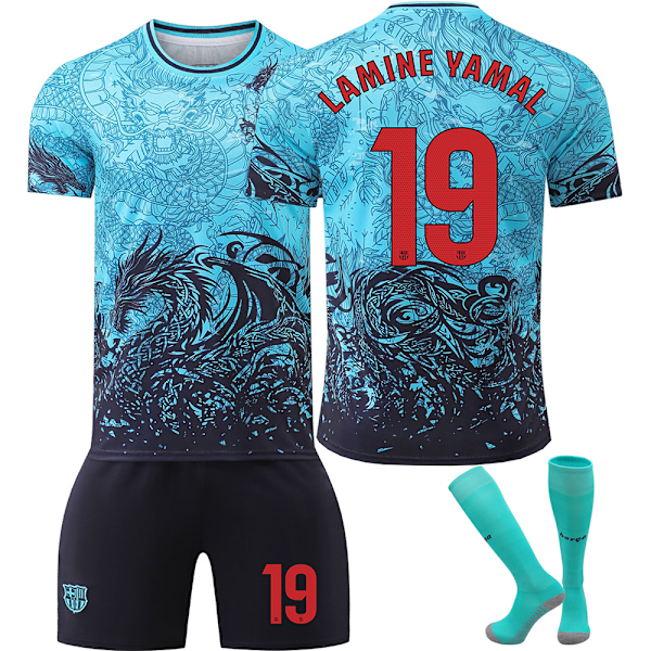 2025-2026 Barcelona spesialutgave Nr. 9 Lewandowski 8 Pedri 6 Gavi 10 Messi 19 Yamal draktsett blå{HONGDE} No. 19 Yamal with socks Size M