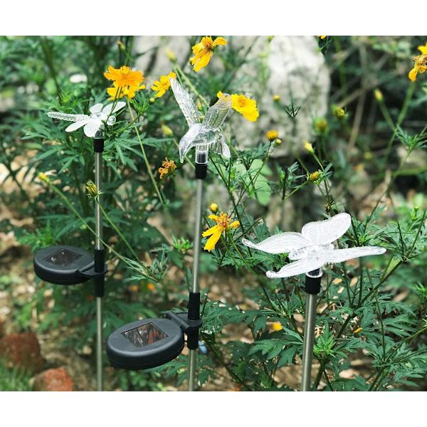3-pack fjäril, kolibri, trollslända, solcells-LED, flerfärgad
