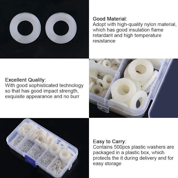 520 stk. Nylon-skiver Plastpakninger M2 M2.5 M3 M4 M5 M6 M8 M10