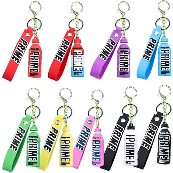 9 Pack Prime Drink bottle key ring, 7cm large Prime Drink bottle style metal/rubber key ring / key ring