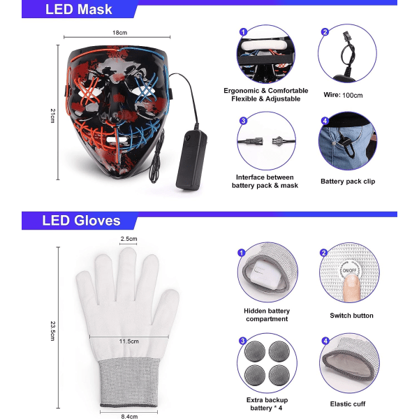 Halloween Mask LED Mask & håndskar i flere lysl?gen Blue-red Mixed(1 Set)