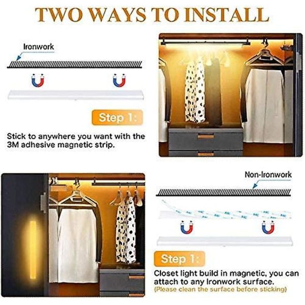 40 LED-lys for garderobe, bevegelsessensor, USB-oppladbar, 4 moduser, 30 cm varmt lys