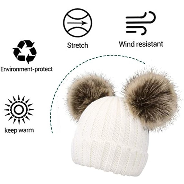 Varm børne vinterhue med Pompom ører Elastik strikket-hvid