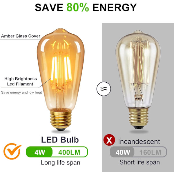 Vintage-lamppu E27-kierre, 4 W vastaa 40 W, retro meripihkanvärinen lämmin lasikierre-lamppu, 2700 K lämmin valkoinen, kierre LED-filamentti, 6 kpl 6pcs