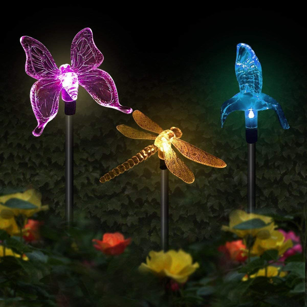 3 Pack Butterfly, Hummingbird, Dragonfly, Solar LED, Multicolor