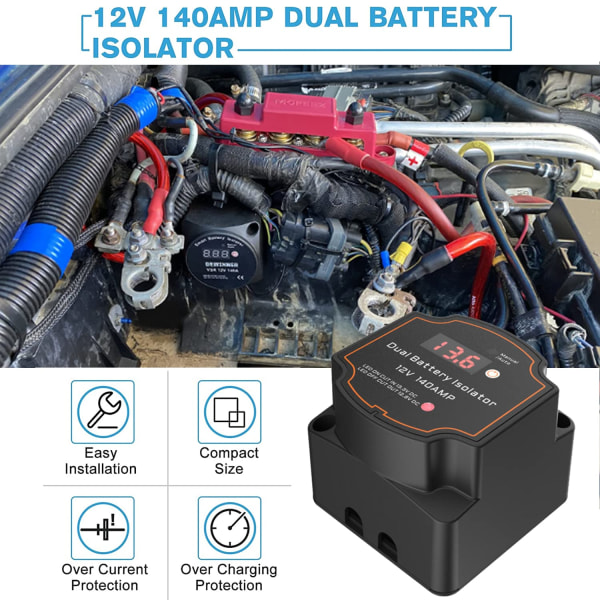 Dubbel batteriisolator 12 V 140 Amp med sp?nningsdisplay smart batteriisolator auto och manuellt l?ge sp?nningssk?nsligt rel? (VSR)