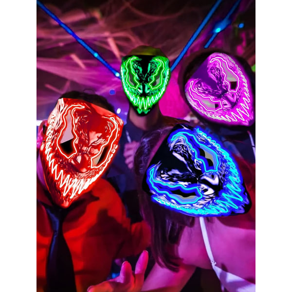 Venobat LED Halloween-naamio, 2 kpl neonljusmask med m?rka och onda gl?dande ?gon 3 ljusl?gen Blue Red Green Purple