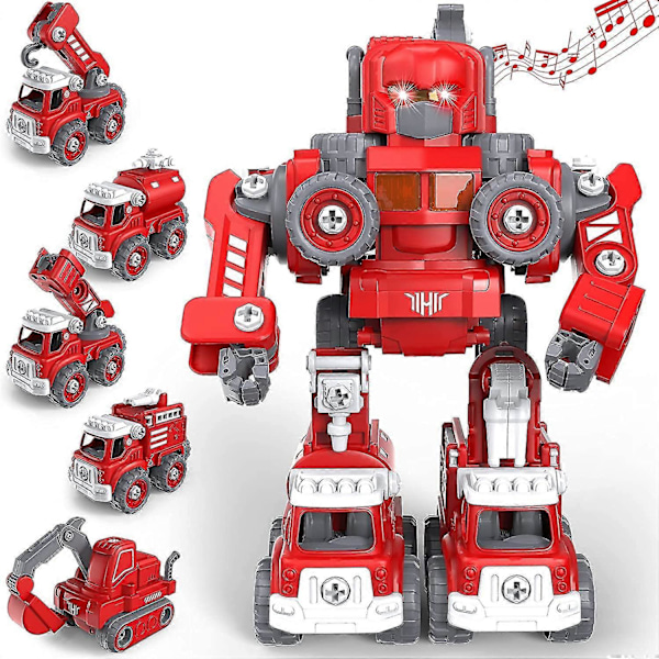 5 i 1 Brannbil Leker Barn Byggeleker, Transformerende Robot Leker Pedagogiske Byggekjøretøy Leke Gave til Barn Bursdag Jul