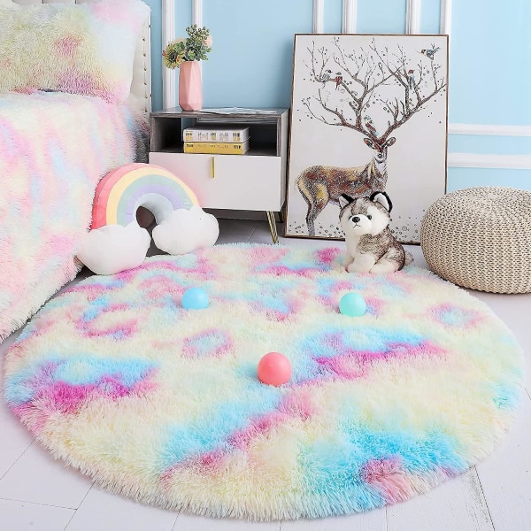 Pyöreä tyttöjen huoneen matto, Rainbow Fluffy pyöreä tyttöjen huone 4 jalkaa