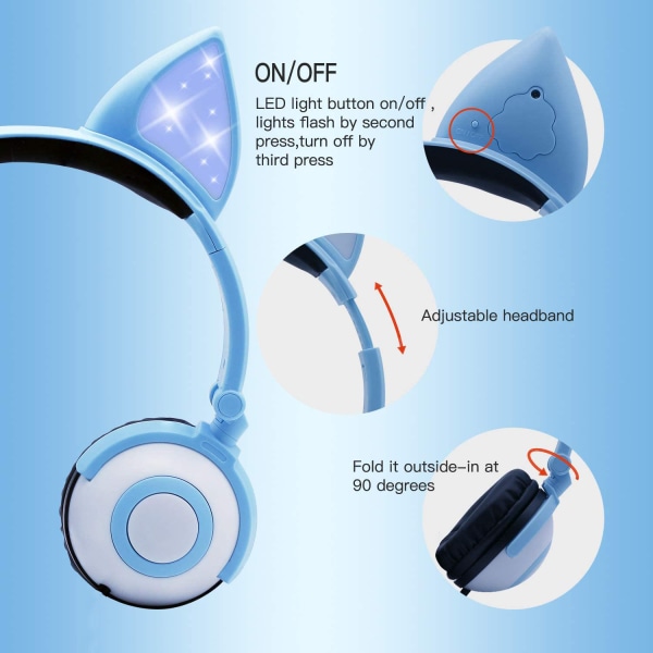 Barnehodetelefoner med bedårende LED-blinkende katteører blå